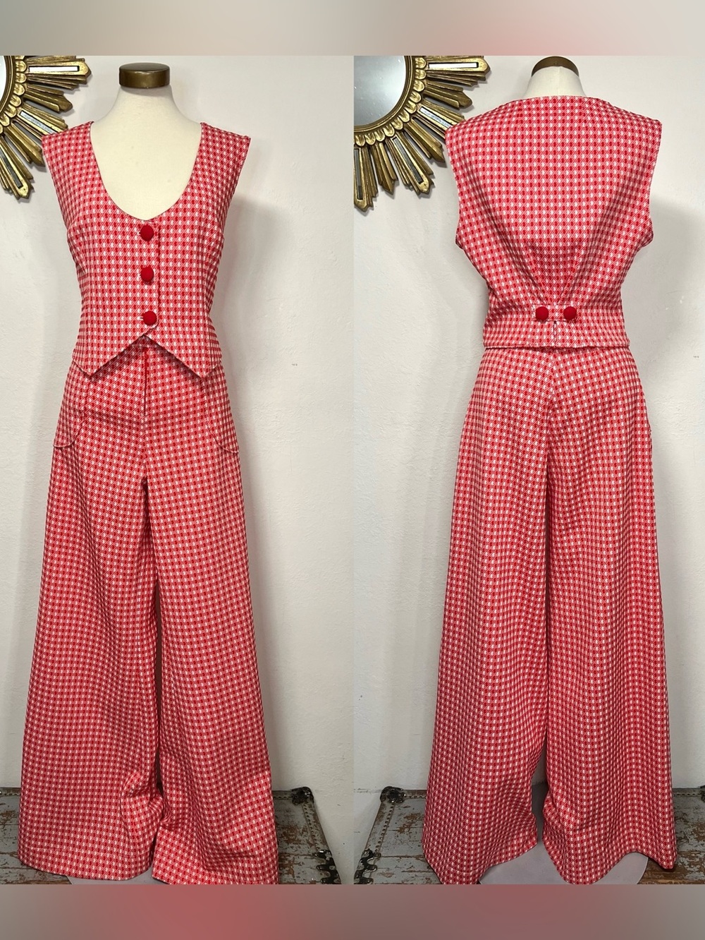 Vintage Red Gingham Wide-Leg Jumpsuit Pantsuit with Vest